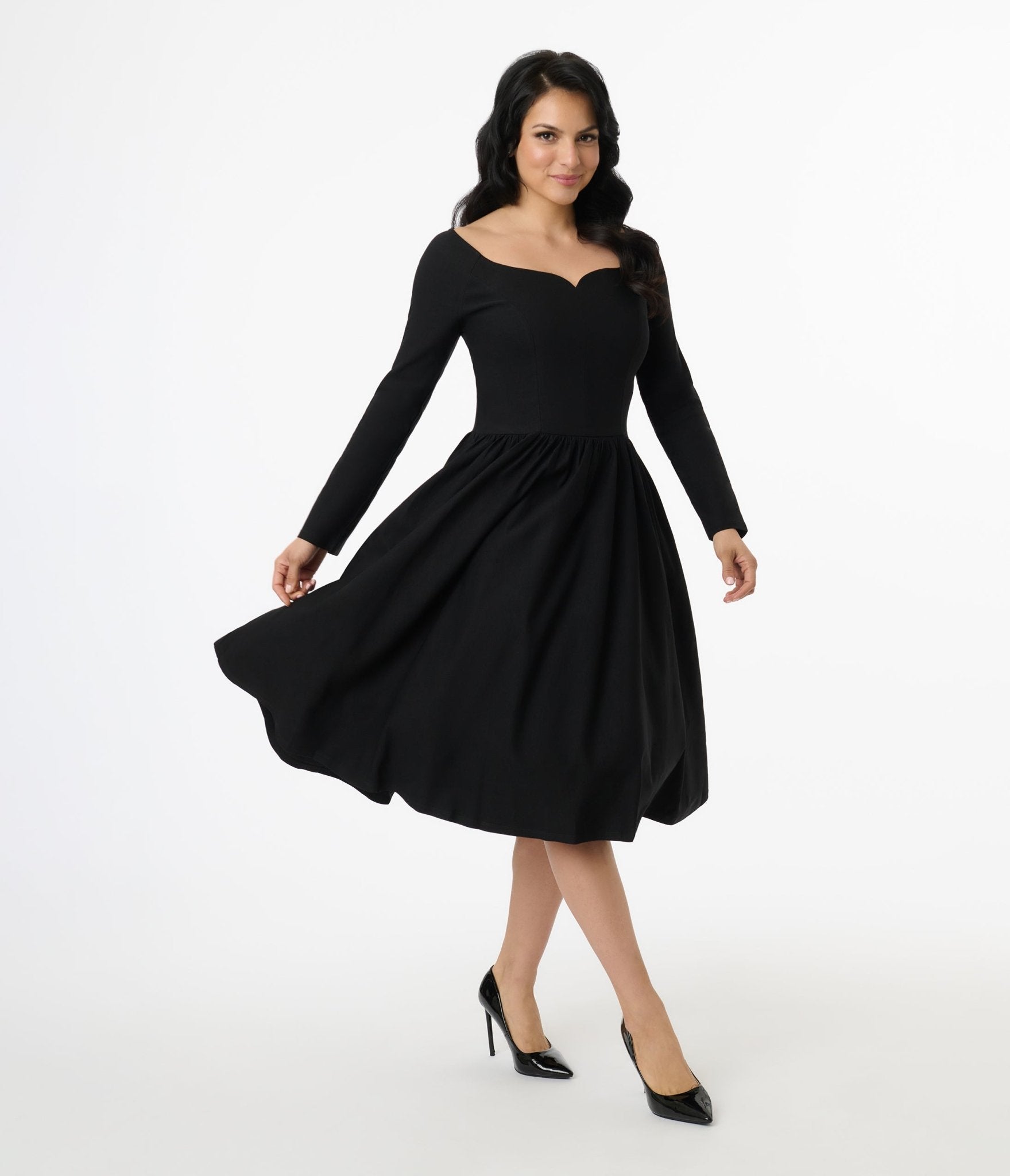 Unique Vintage 1950s Solid Black Sweetheart Swing Dress - Unique Vintage - Womens, DRESSES, SWING