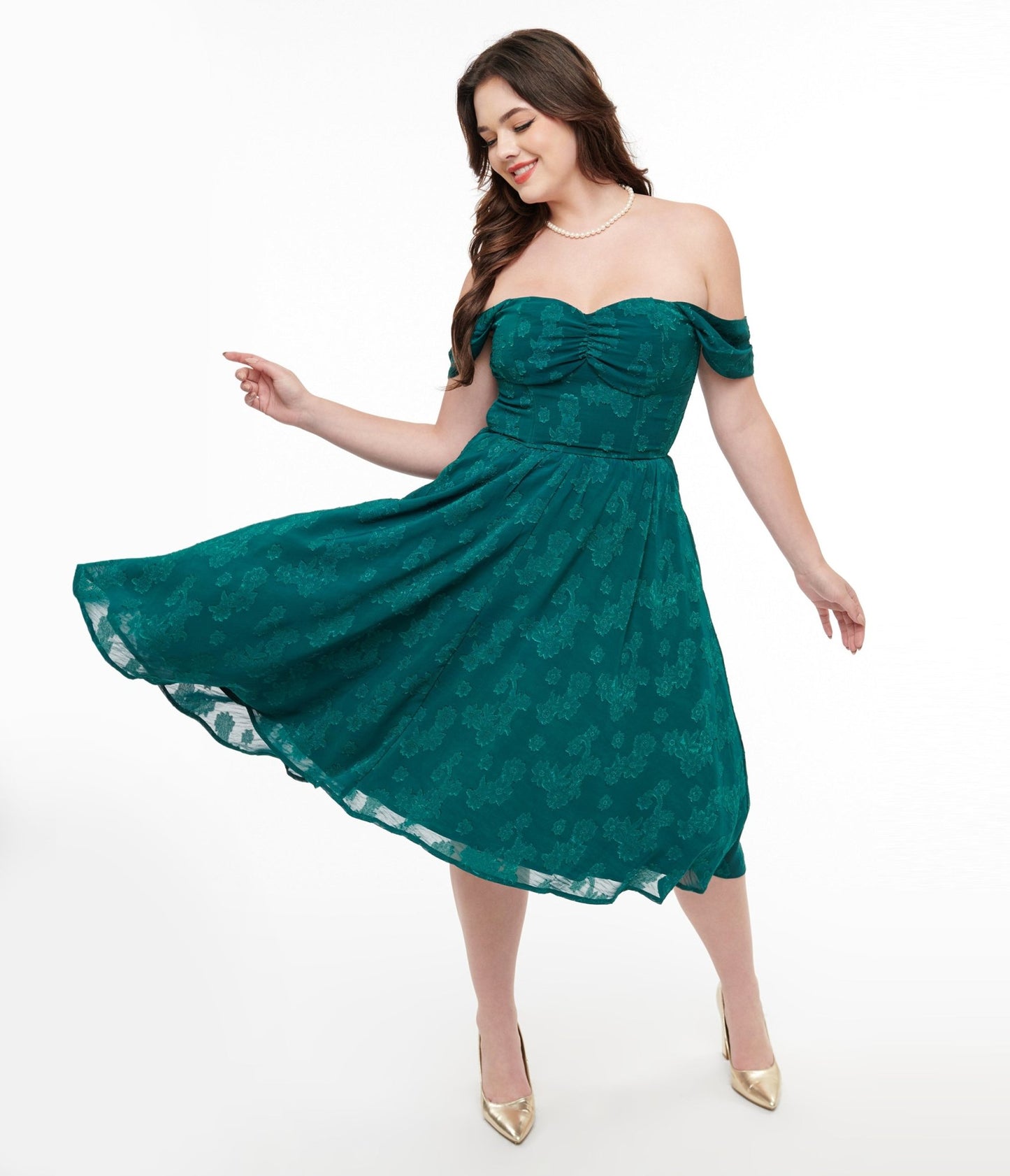 Unique Vintage 1950s Teal Jacquard Off Shoulder Flare Dress - Unique Vintage - Womens, DRESSES, SWING