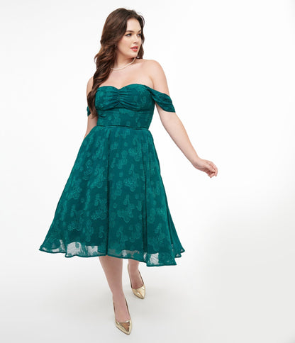 Unique Vintage 1950s Teal Jacquard Off Shoulder Flare Dress - Unique Vintage - Womens, DRESSES, SWING