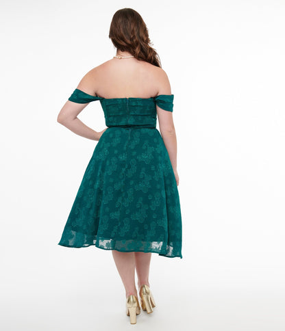 Unique Vintage 1950s Teal Jacquard Off Shoulder Flare Dress - Unique Vintage - Womens, DRESSES, SWING