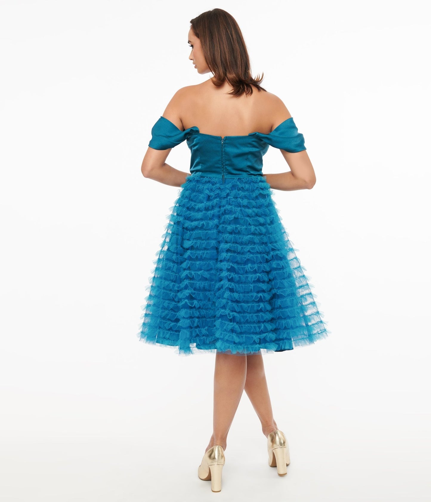 Unique Vintage 1950s Teal Mesh Tulle Off The Shoulder Swing Dress - Unique Vintage - Womens, DRESSES, SWING