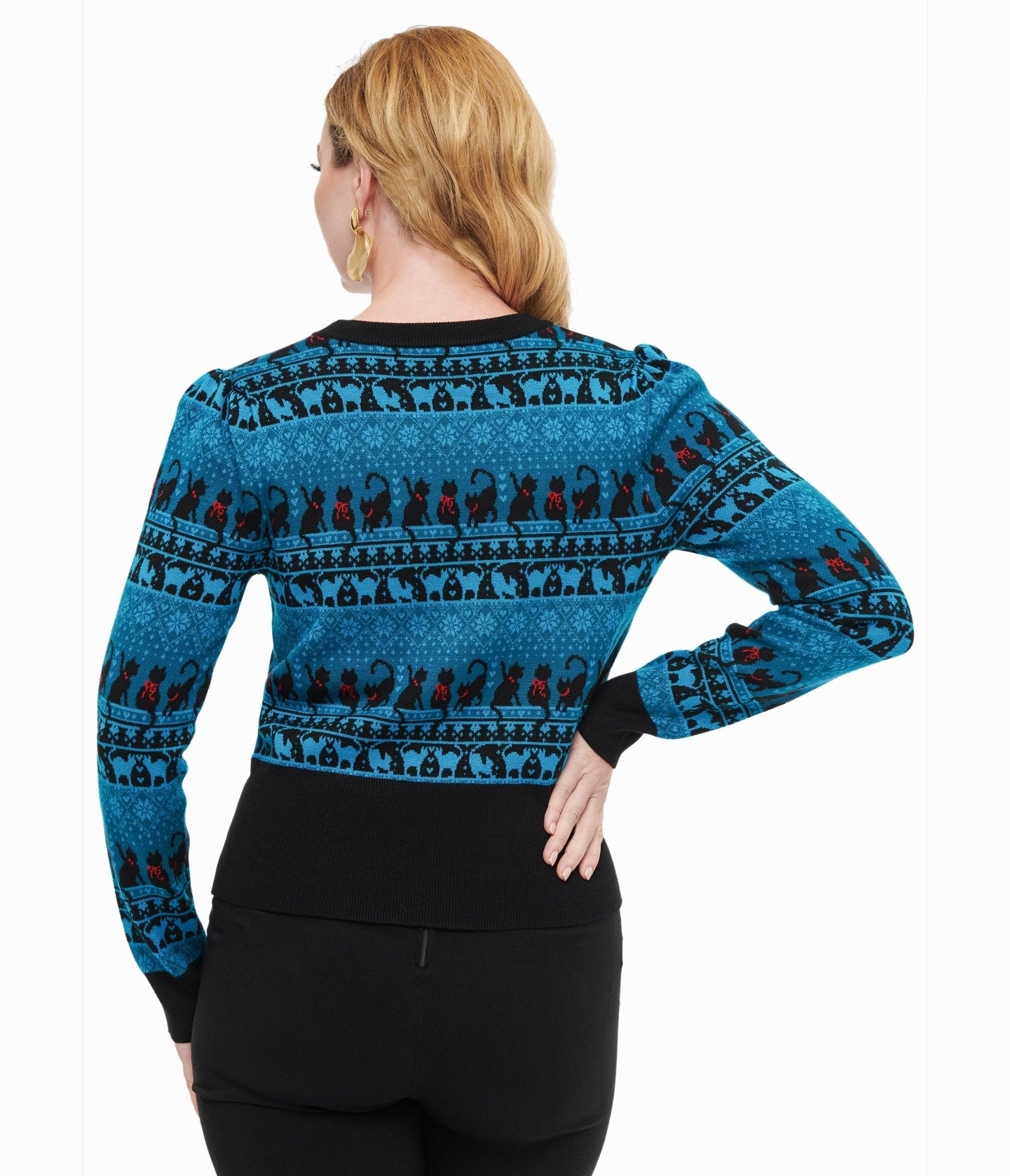 Unique Vintage 1950s Teal Snowflakes & Cats Sweater - Unique Vintage - Womens, TOPS, SWEATERS