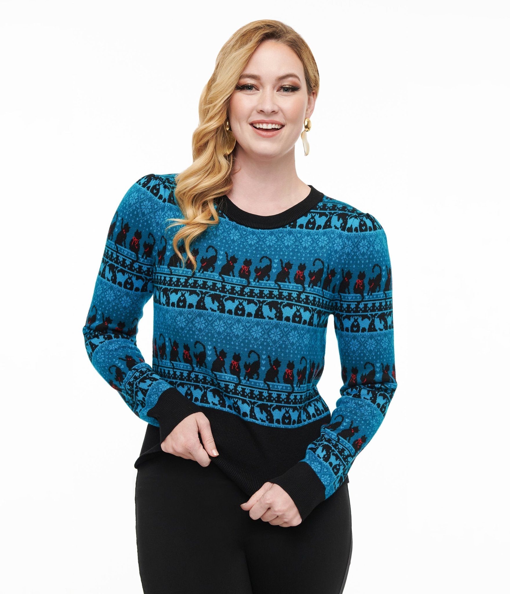 Unique Vintage 1950s Teal Snowflakes & Cats Sweater - Unique Vintage - Womens, TOPS, SWEATERS