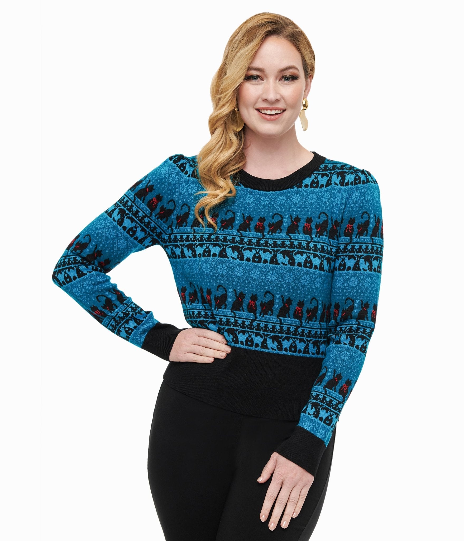 Unique Vintage 1950s Teal Snowflakes & Cats Sweater - Unique Vintage - Womens, TOPS, SWEATERS