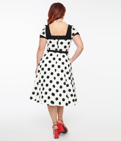 Unique Vintage 1950s White & Black Polka Dot Swing Dress - Unique Vintage - Womens, DRESSES, SWING