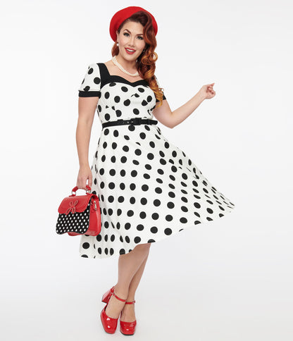 Unique Vintage 1950s White & Black Polka Dot Swing Dress - Unique Vintage - Womens, DRESSES, SWING