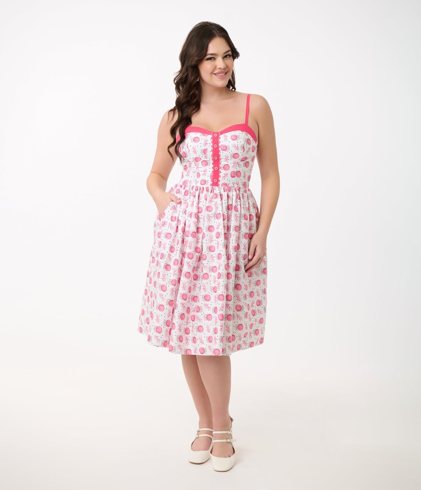 Unique Vintage 1950s White & Pink Snail Cotton Swing Dress - Unique Vintage - Womens, DRESSES, SWING