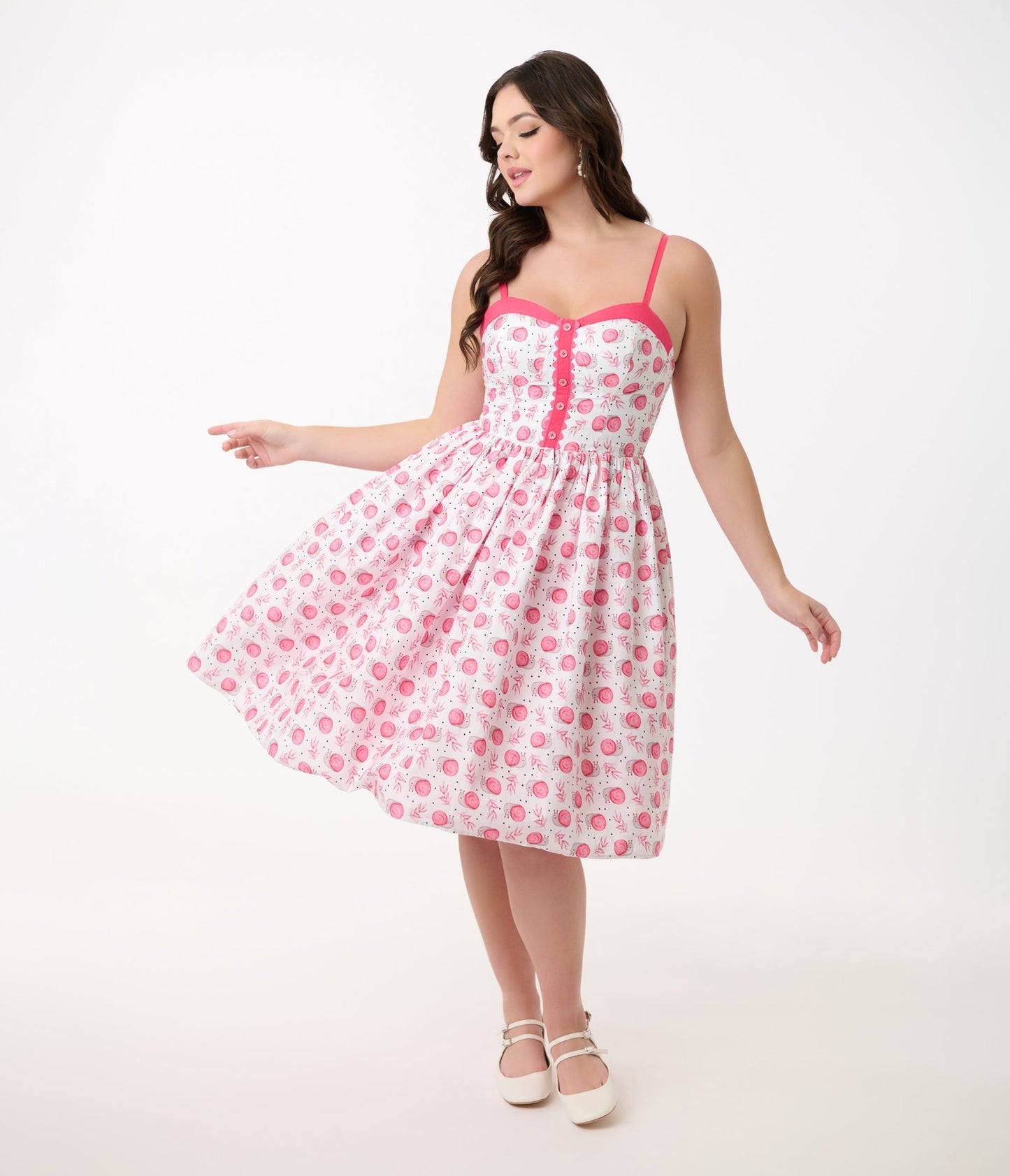 Unique Vintage 1950s White & Pink Snail Cotton Swing Dress - Unique Vintage - Womens, DRESSES, SWING