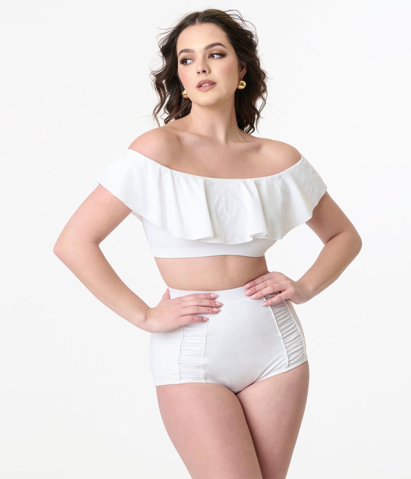 Unique Vintage 1950s White Ruffled Ramona Swim Top - Unique Vintage - Womens, SWIM, TOP