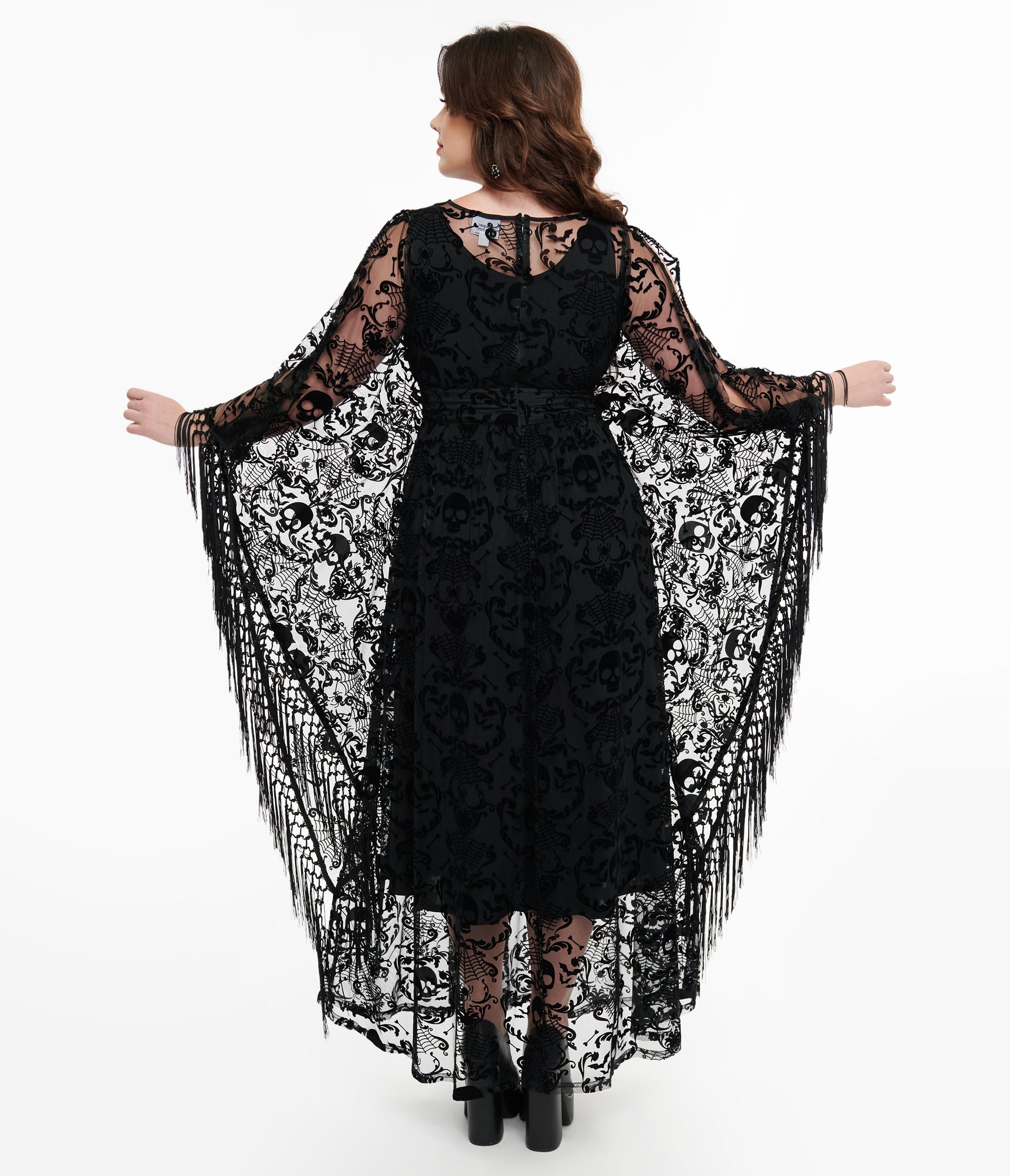 Unique Vintage 1960s Black Baroque Skull Burnout Fringe Flutter Sleeve Caftan - Unique Vintage - Womens, HALLOWEEN, DRESSES