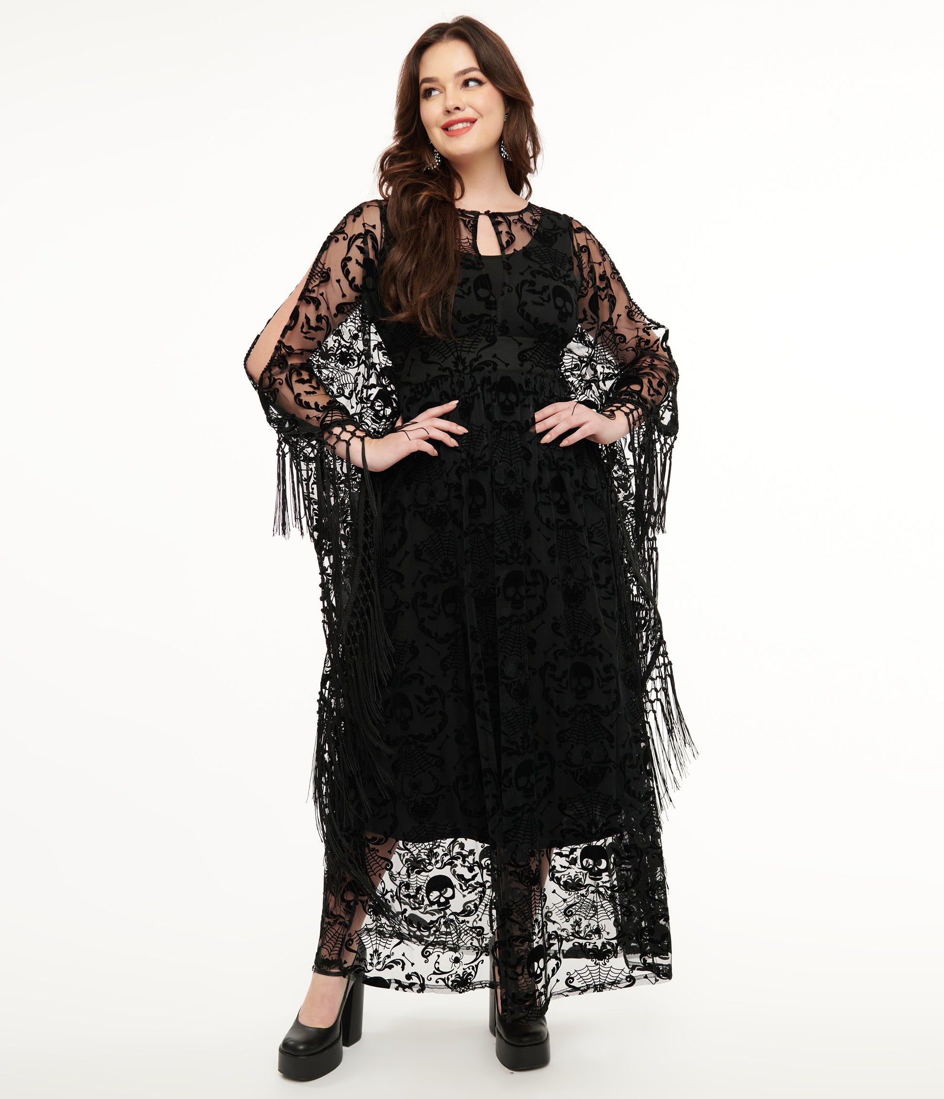 Unique Vintage 1960s Black Baroque Skull Burnout Fringe Flutter Sleeve Caftan - Unique Vintage - Womens, HALLOWEEN, DRESSES