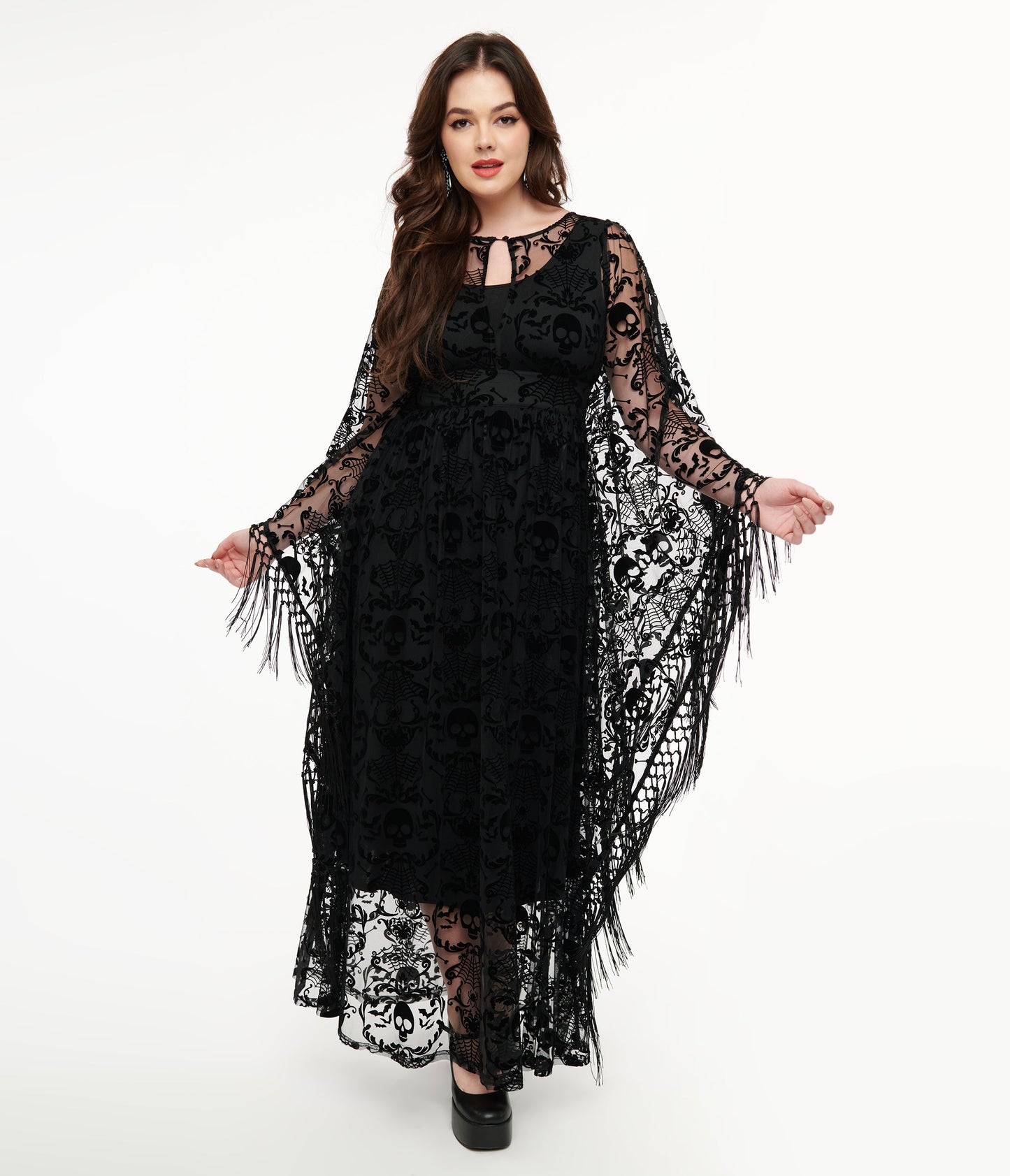 Unique Vintage 1960s Black Baroque Skull Burnout Fringe Flutter Sleeve Caftan - Unique Vintage - Womens, HALLOWEEN, DRESSES