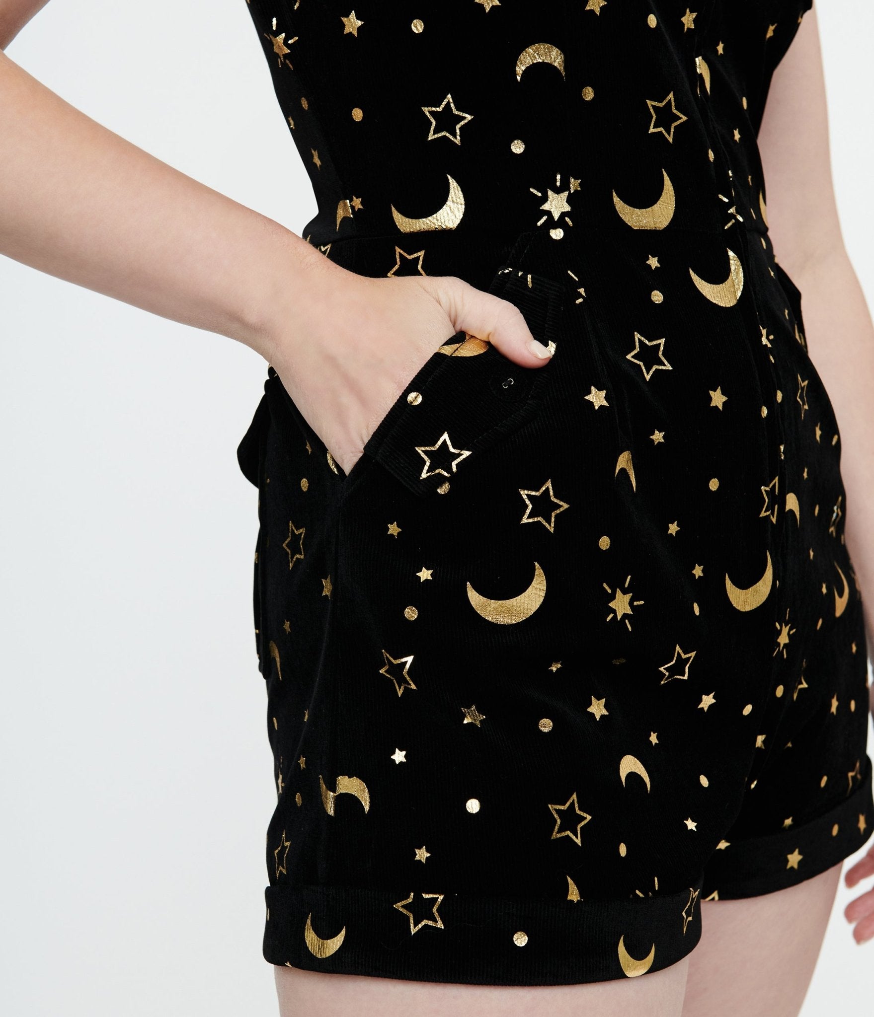 Unique Vintage 1960s Black & Gold Moon Print Mia Romper - Unique Vintage - Womens, BOTTOMS, ROMPERS AND JUMPSUITS