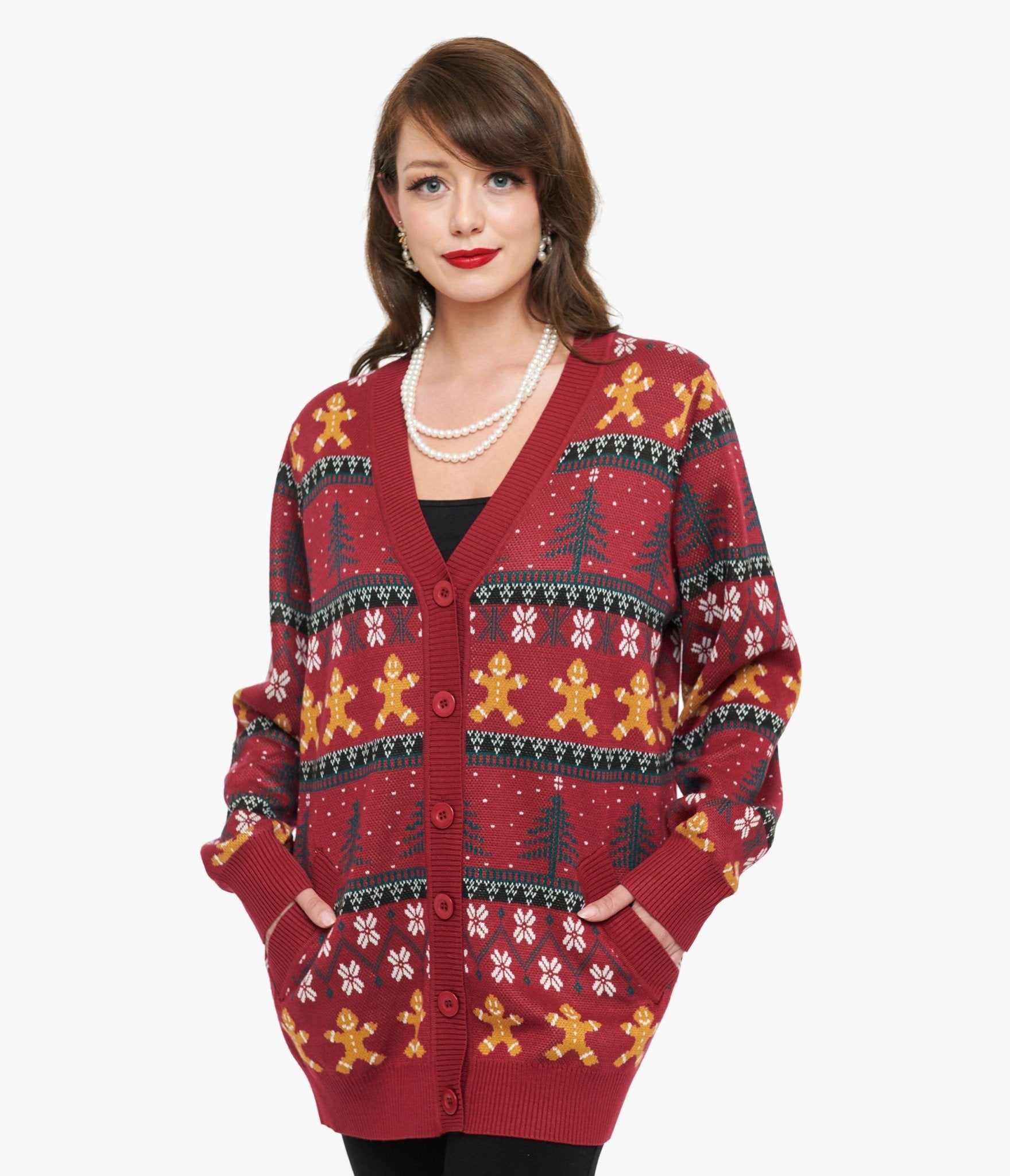 Unique Vintage 1960s Burgundy Gingerbread Fair Isle Cardigan - Unique Vintage - Womens, TOPS, SWEATERS