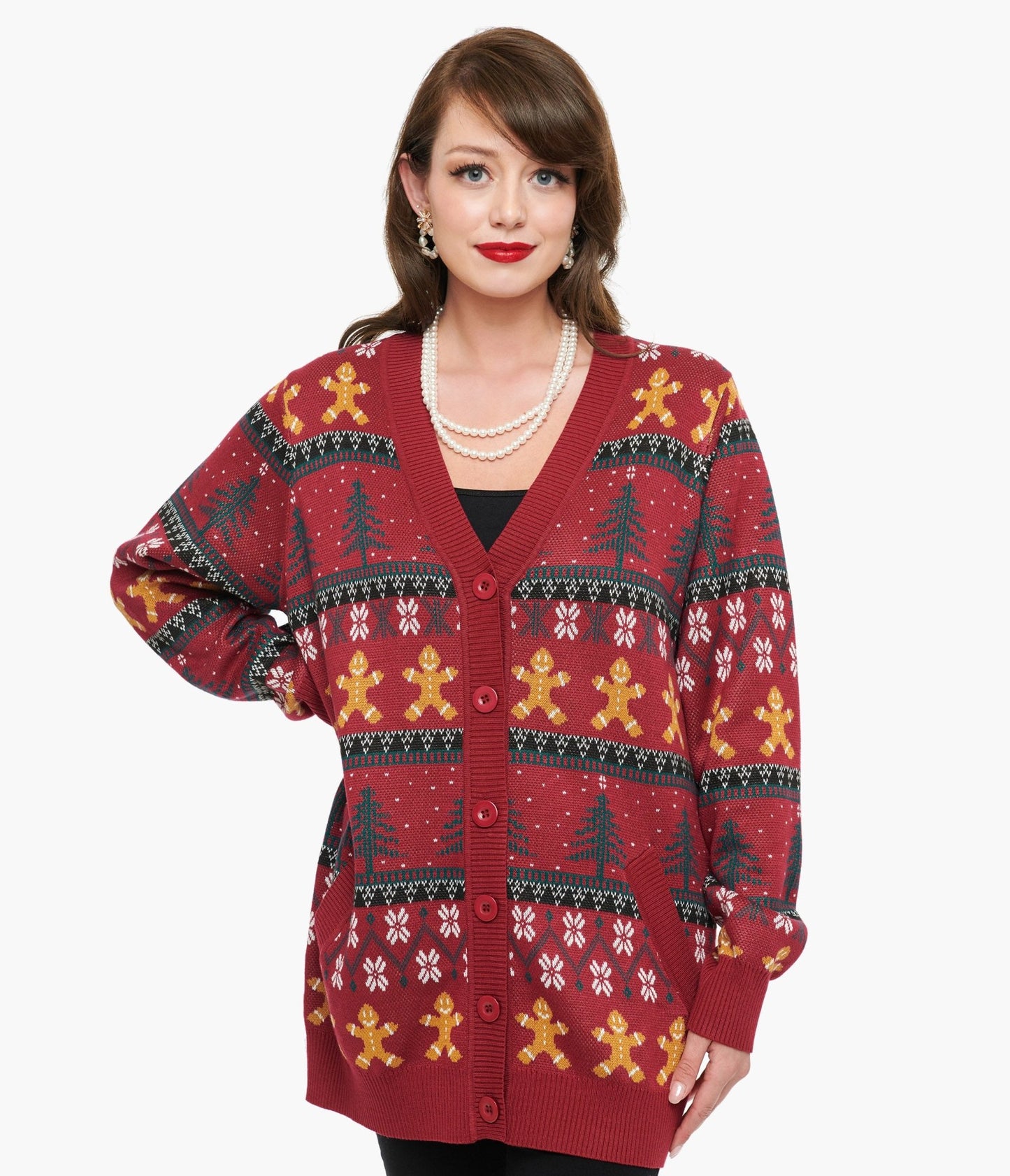 Unique Vintage 1960s Burgundy Gingerbread Fair Isle Cardigan - Unique Vintage - Womens, TOPS, SWEATERS