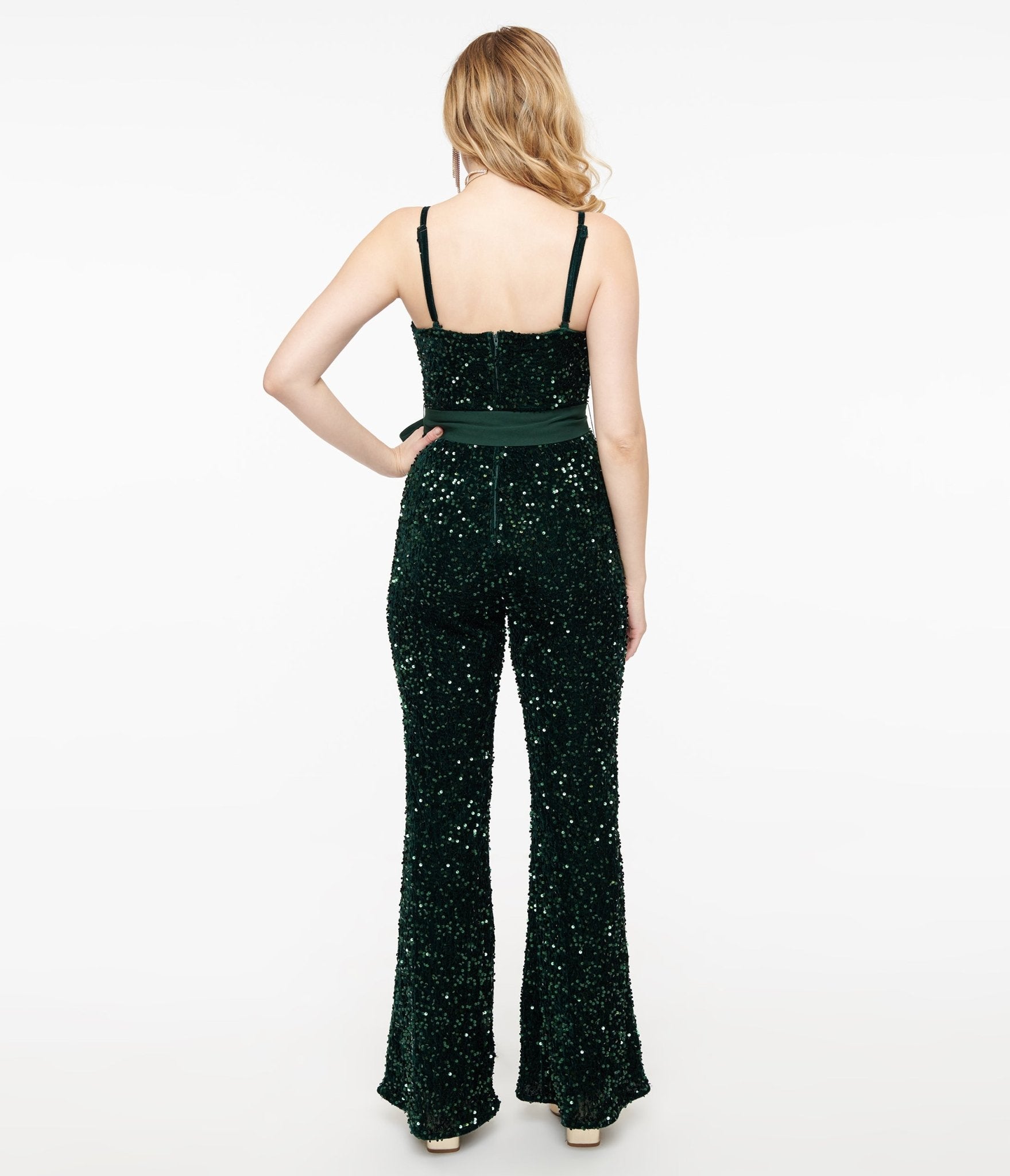 Unique Vintage 1960s Green Sequin Flare Jumpsuit - Unique Vintage - Womens, BOTTOMS, ROMPERS AND JUMPSUITS