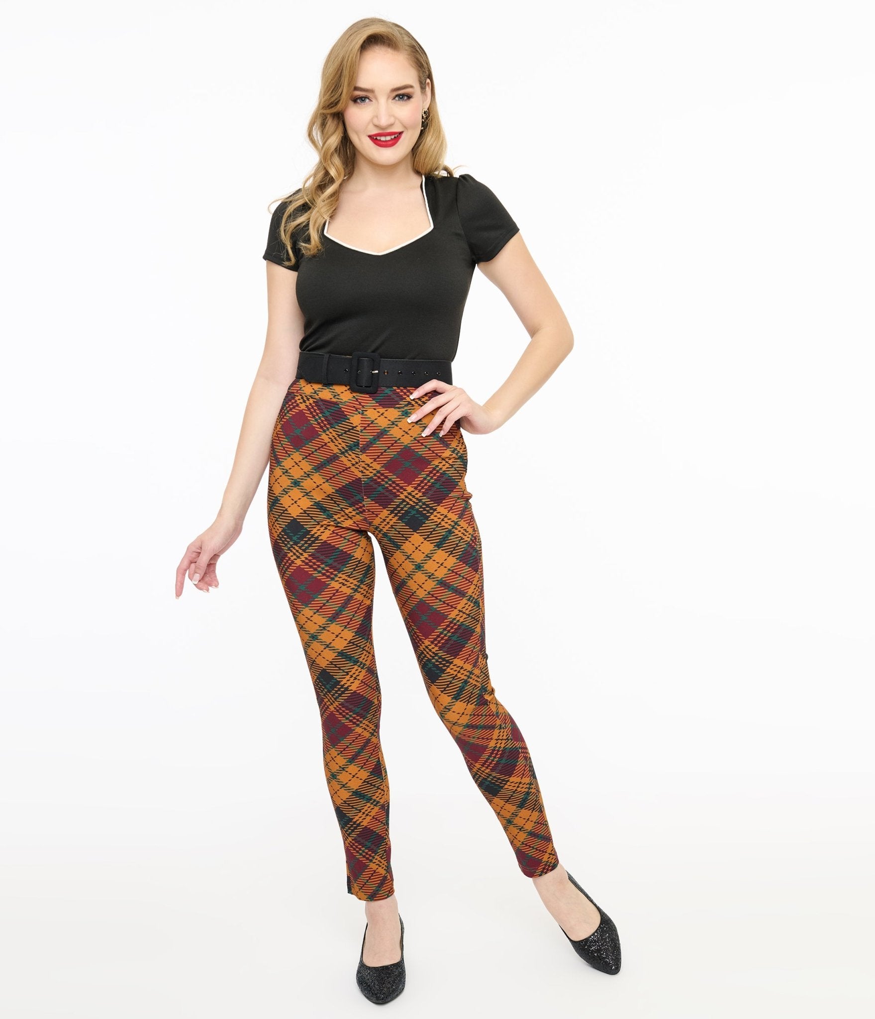 Unique Vintage 1960s Mustard & Burgundy Plaid High Waist Cigarette Pants - Unique Vintage - Womens, BOTTOMS, PANTS