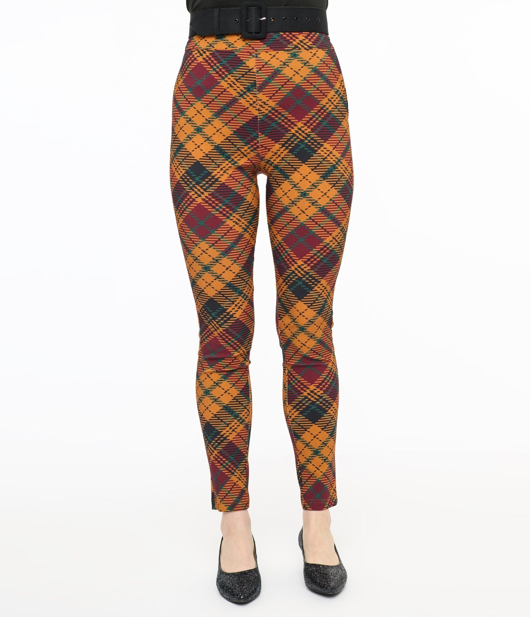 Unique Vintage 1960s Mustard & Burgundy Plaid High Waist Cigarette Pants - Unique Vintage - Womens, BOTTOMS, PANTS