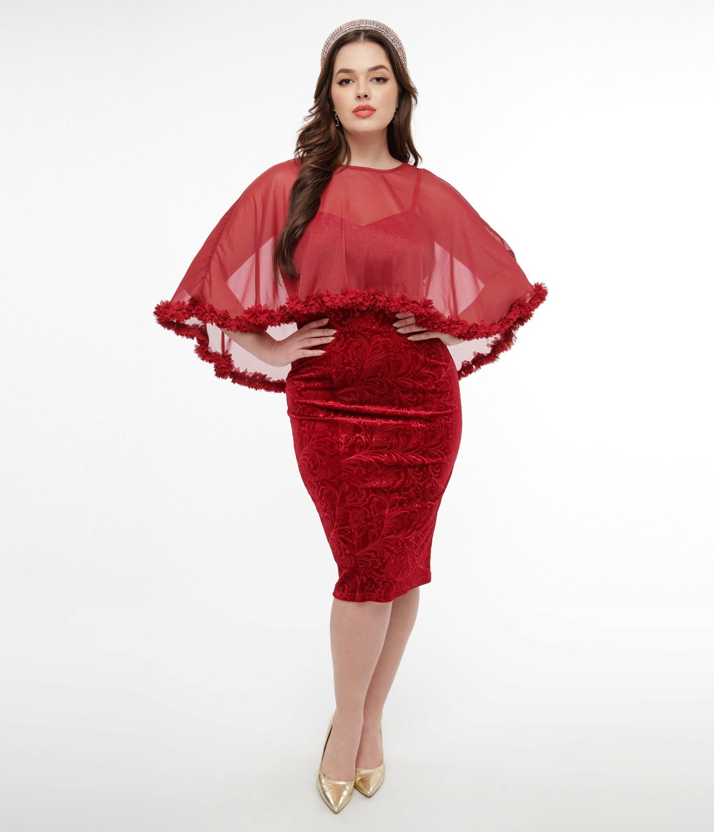 Unique Vintage 1960s Red Velvet Ruffle Capelet Wiggle Dress - Unique Vintage - Womens, DRESSES, WIGGLE