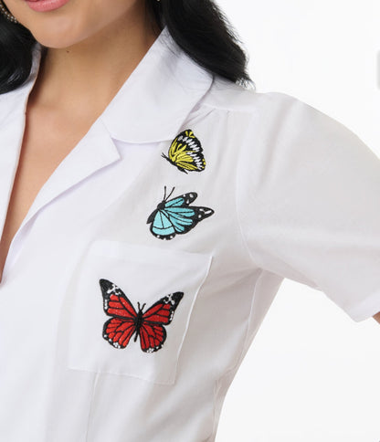 Unique Vintage 1960s White Flying Butterflies Cotton Blouse - Unique Vintage - Womens, TOPS, WOVEN TOPS