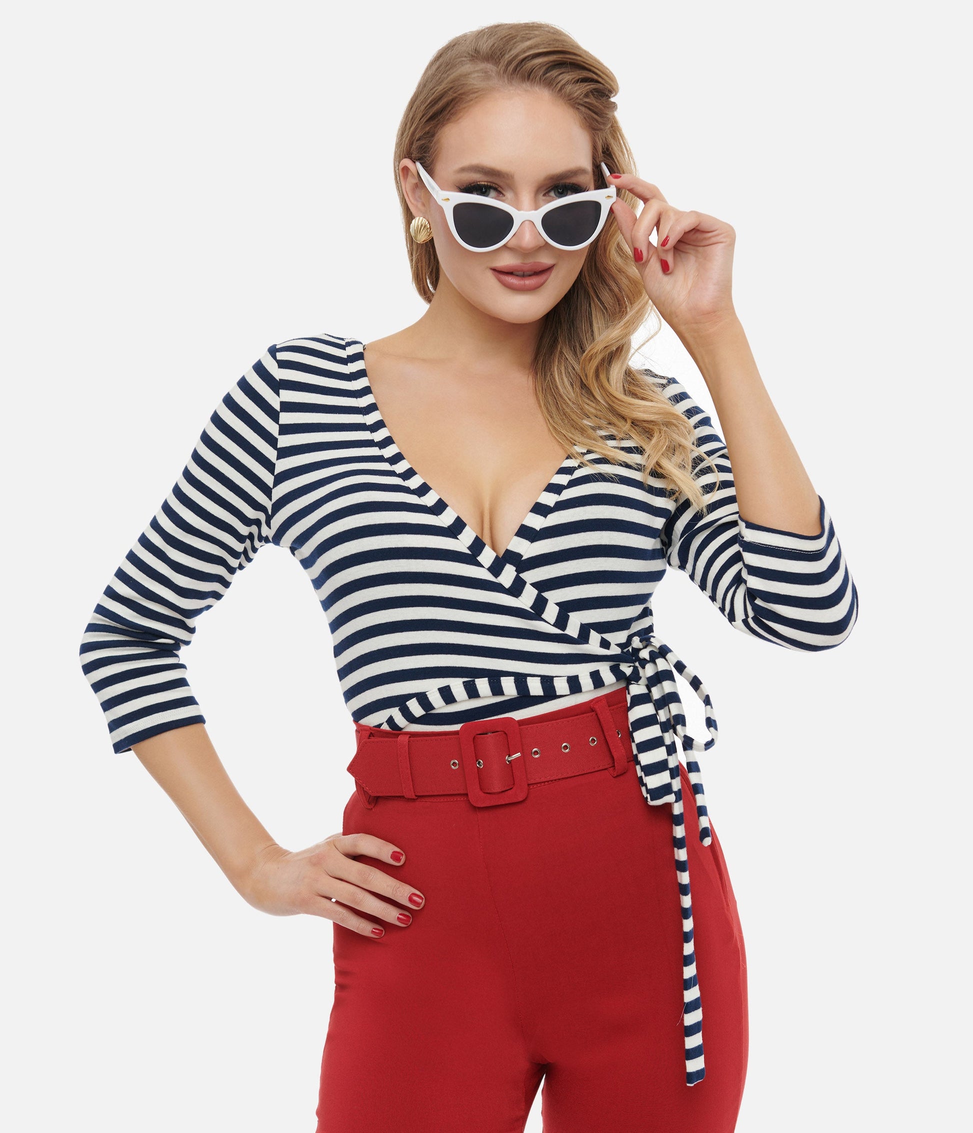 Unique Vintage 1970s Navy & White Stripe Surplice Bodysuit - Unique Vintage - Womens, TOPS, BODYSUITS