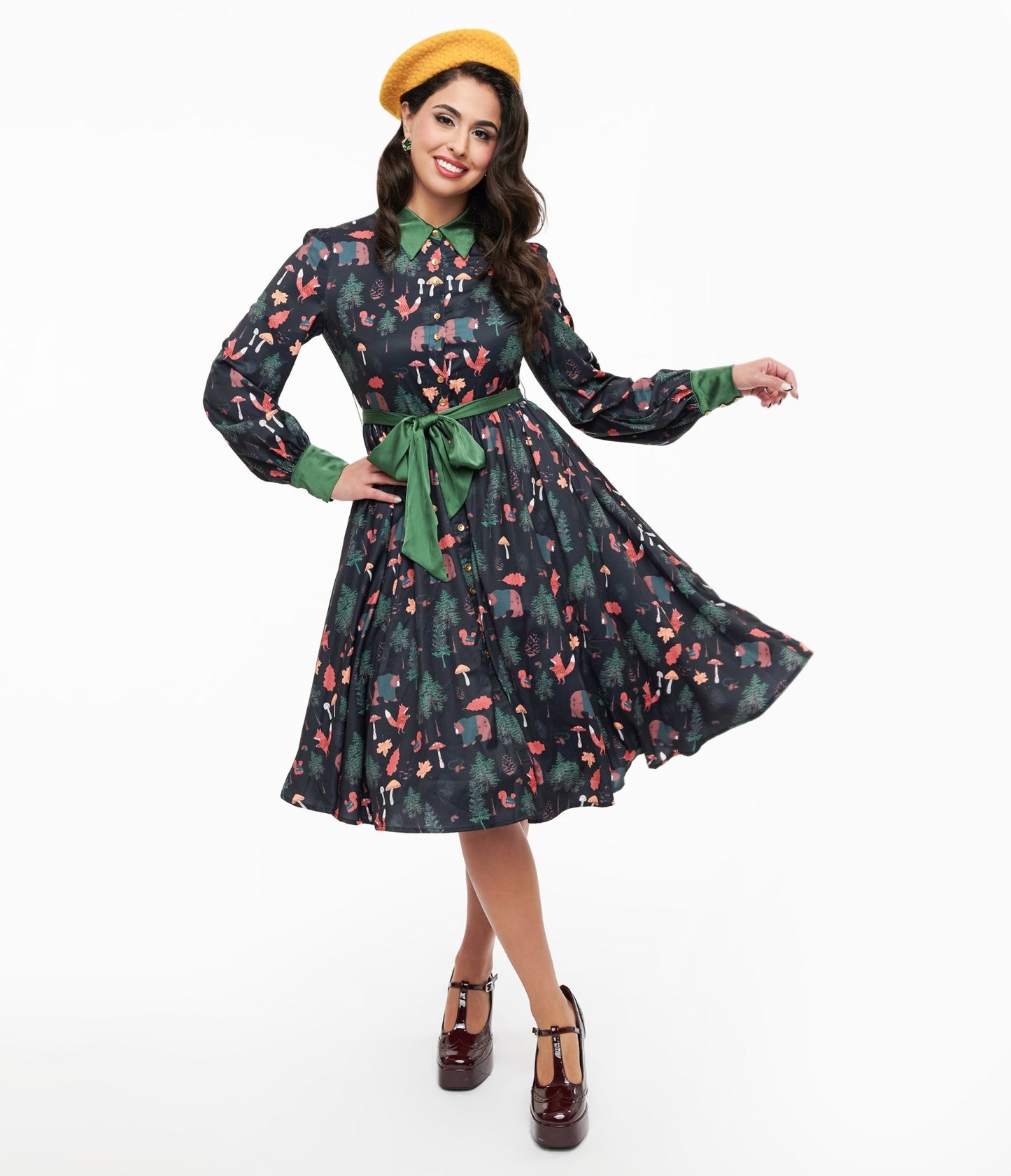 Unique Vintage 1970s Woodland Creature Print Shirt Dress - Unique Vintage - Womens, DRESSES, MIDI