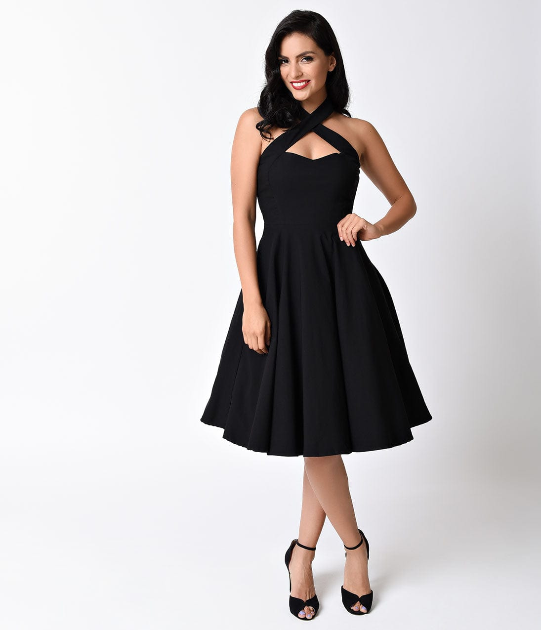 Unique Vintage Black Criss Cross Halter Rita Flare Dress - Unique Vintage - Womens, DRESSES, SWING