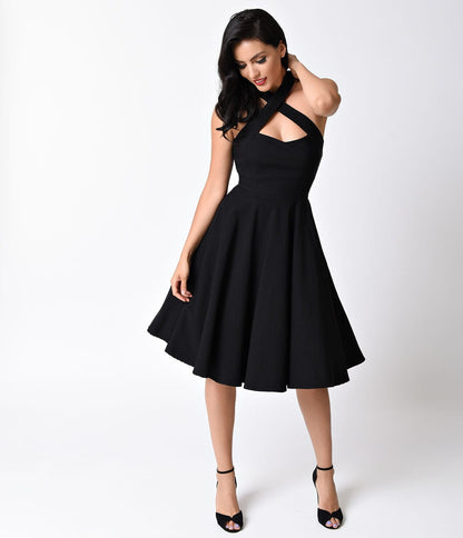 Unique Vintage Black Criss Cross Halter Rita Flare Dress - Unique Vintage - Womens, DRESSES, SWING