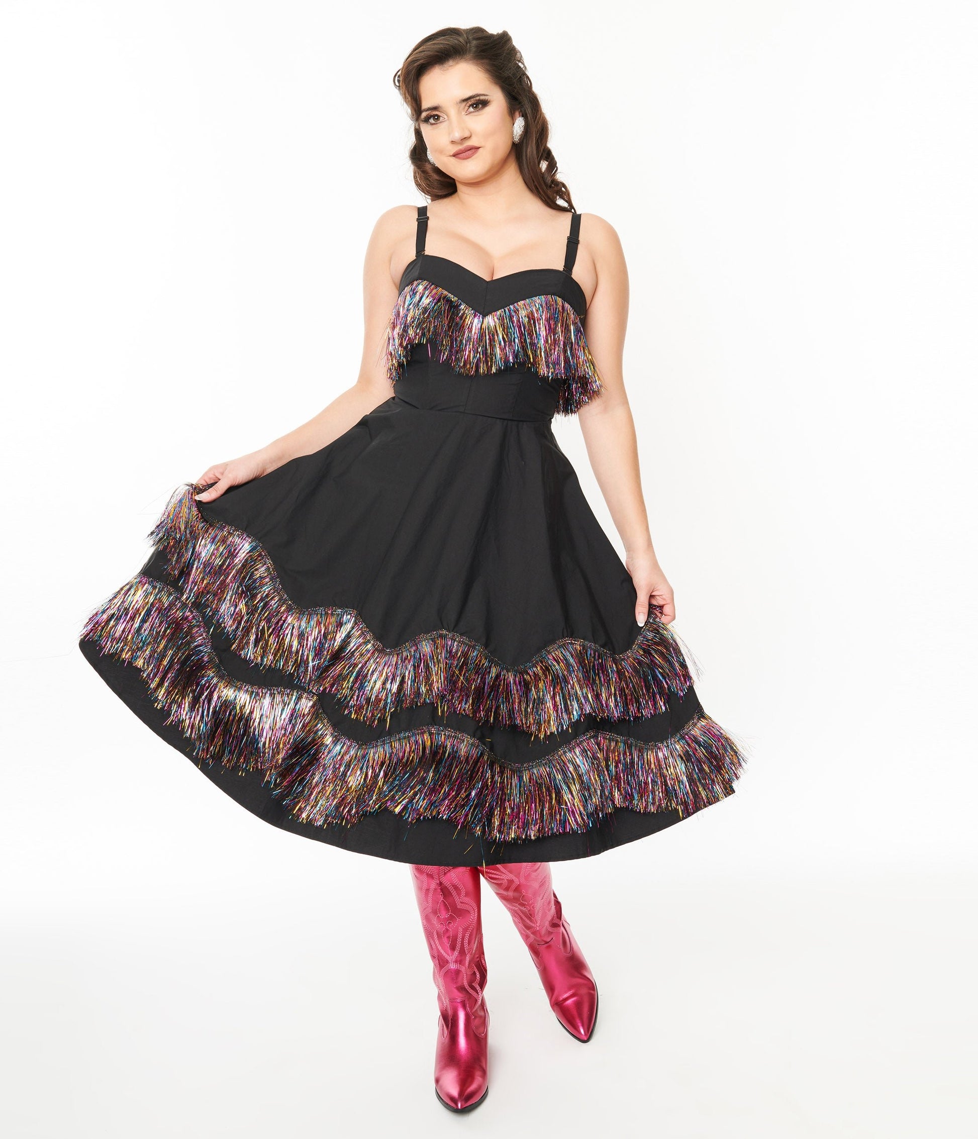 Unique Vintage Black & Rainbow Fringe Girlie Swing Dress - Unique Vintage - Womens, DRESSES, SWING