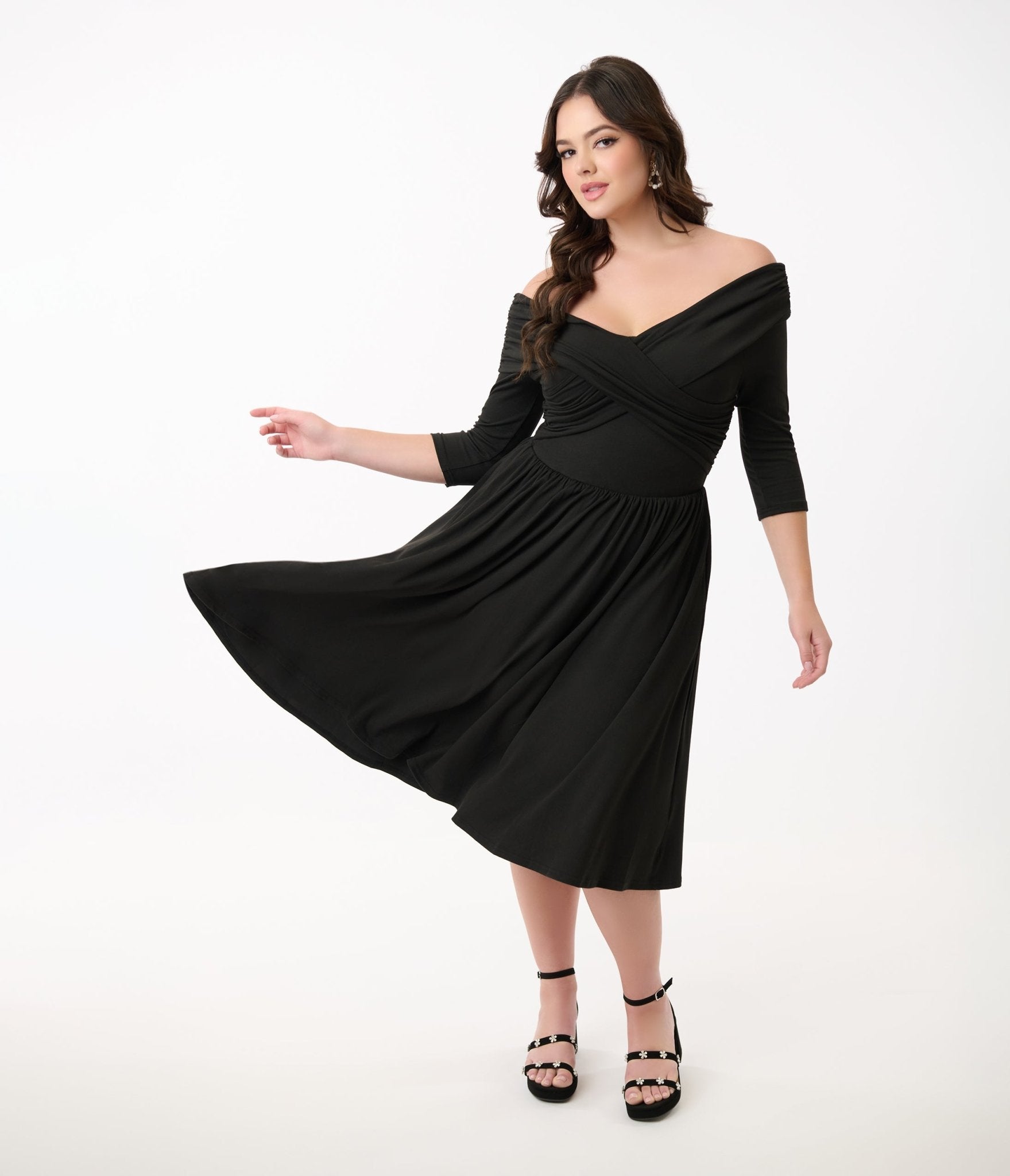 Unique Vintage Black Shirred Off Shoulder Swing Dress - Unique Vintage - Womens, DRESSES, SWING