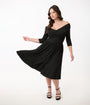 Unique Vintage Black Shirred Off Shoulder Swing Dress