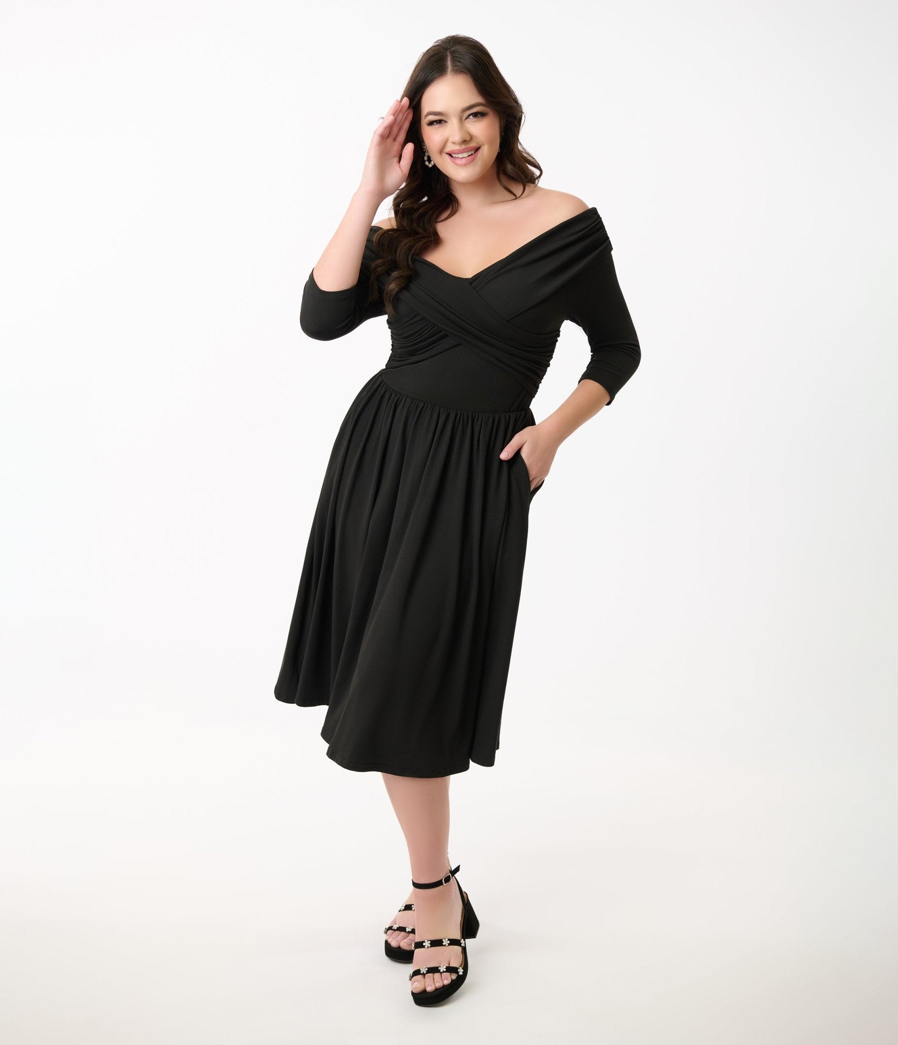 Unique Vintage Black Shirred Off Shoulder Swing Dress - Unique Vintage - Womens, DRESSES, SWING