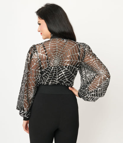 Unique Vintage Black & Silver Sequin Spiderweb Sheer Gwen Blouse - Unique Vintage - Womens, HALLOWEEN, TOPS