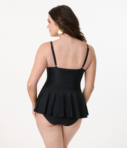 Unique Vintage Black Skirted One Piece Swimsuit - Unique Vintage - Womens, SWIM, 1 PC