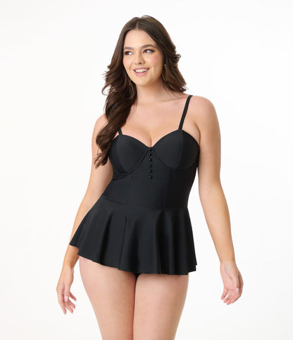 Unique Vintage Black Skirted One Piece Swimsuit - Unique Vintage - Womens, SWIM, 1 PC