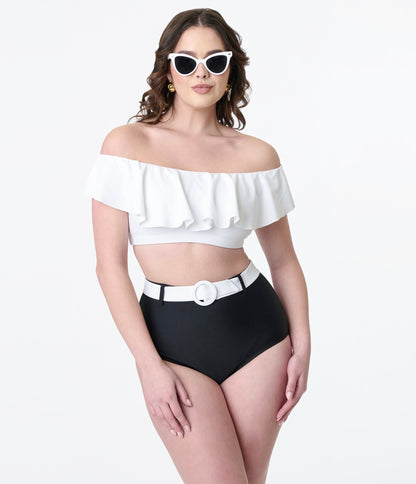 Unique Vintage Black & White Belted Swim Bottoms - Unique Vintage - Womens, SWIM, BOTTOM