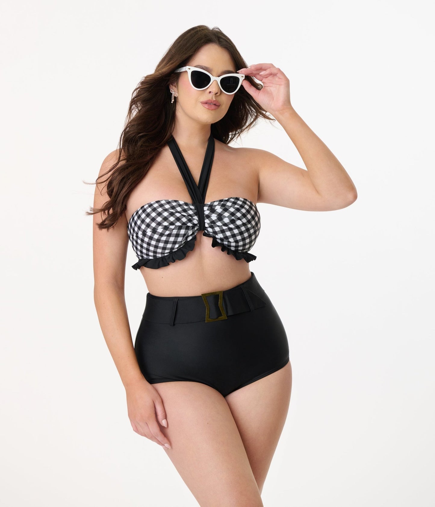 Unique Vintage Black & White Bias Gingham Twist Front Halter Swim Top - Unique Vintage - Womens, SWIM, TOP