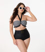 Unique Vintage Black & White Bias Gingham Twist Front Halter Swim Top