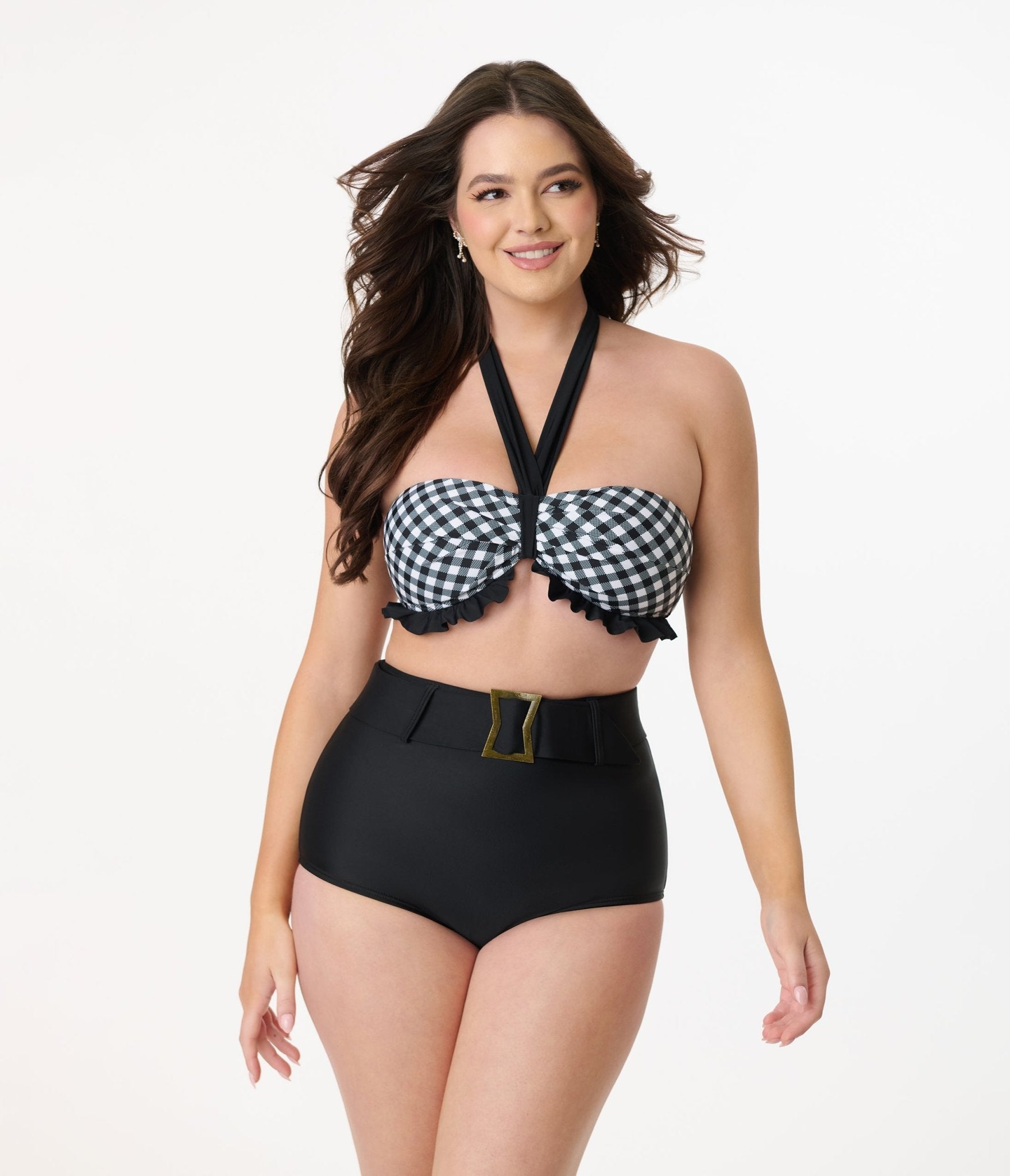 Unique Vintage Black & White Bias Gingham Twist Front Halter Swim Top - Unique Vintage - Womens, SWIM, TOP