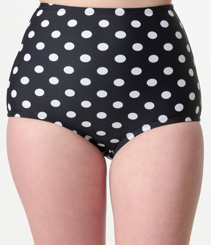 Unique Vintage Black & White Dotted Button High Waist Louise Swim Bottoms - Unique Vintage - Womens, SWIM, BOTTOM