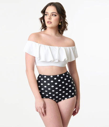 Unique Vintage Black & White Dotted Button High Waist Louise Swim Bottoms - Unique Vintage - Womens, SWIM, BOTTOM