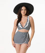 Unique Vintage Black & White Gingham Halter Swim Top