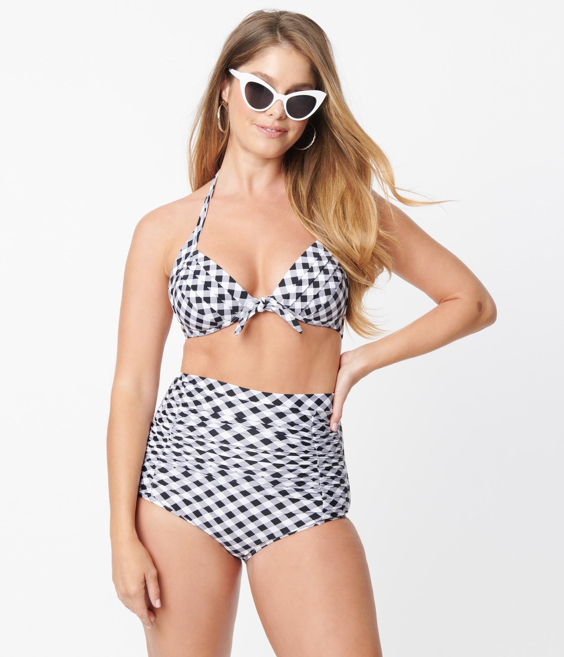 Unique Vintage Black & White Gingham Monroe Halter Swim Top - Unique Vintage - Womens, SWIM, TOP