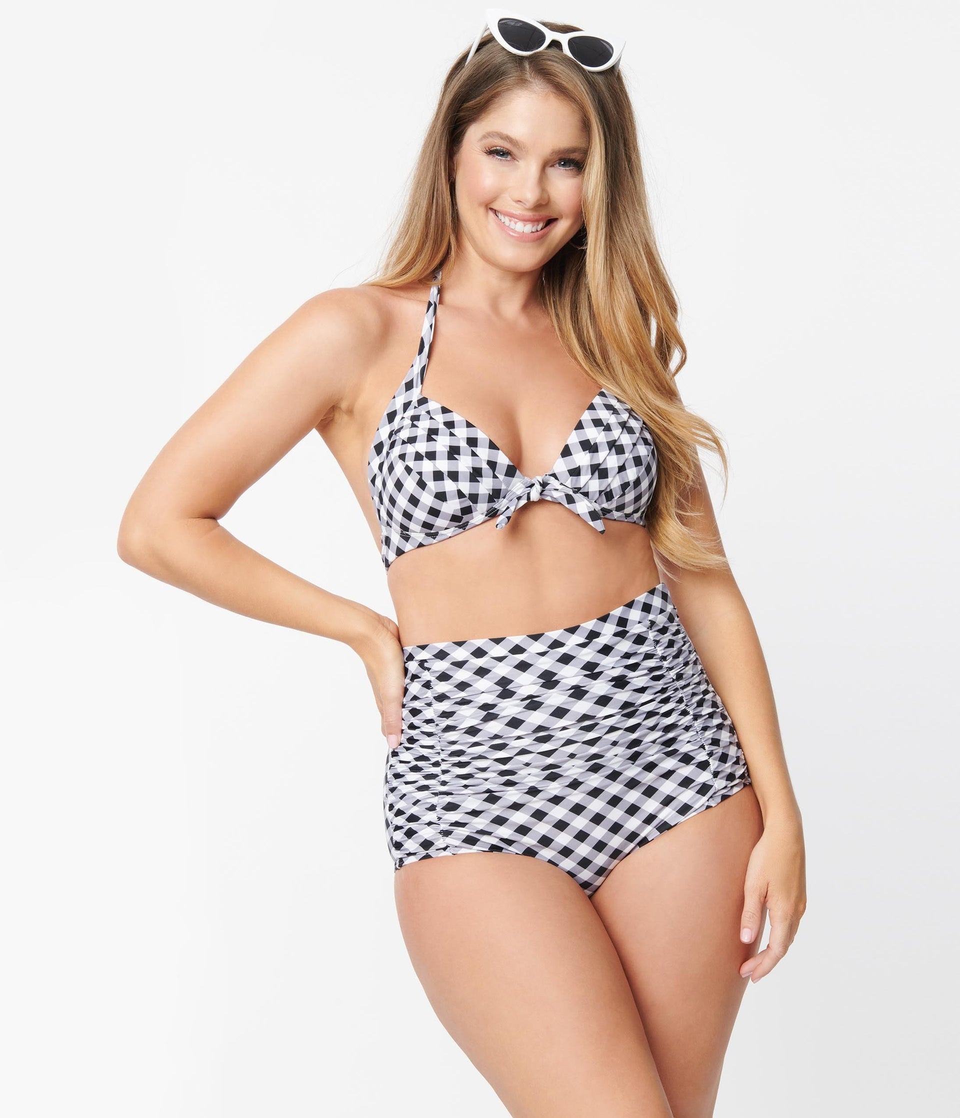 Unique Vintage Black & White Gingham Monroe Halter Swim Top - Unique Vintage - Womens, SWIM, TOP