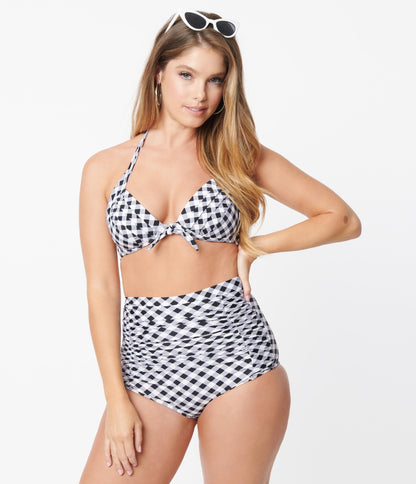 Unique Vintage Black & White Gingham Monroe Halter Swim Top - Unique Vintage - Womens, SWIM, TOP