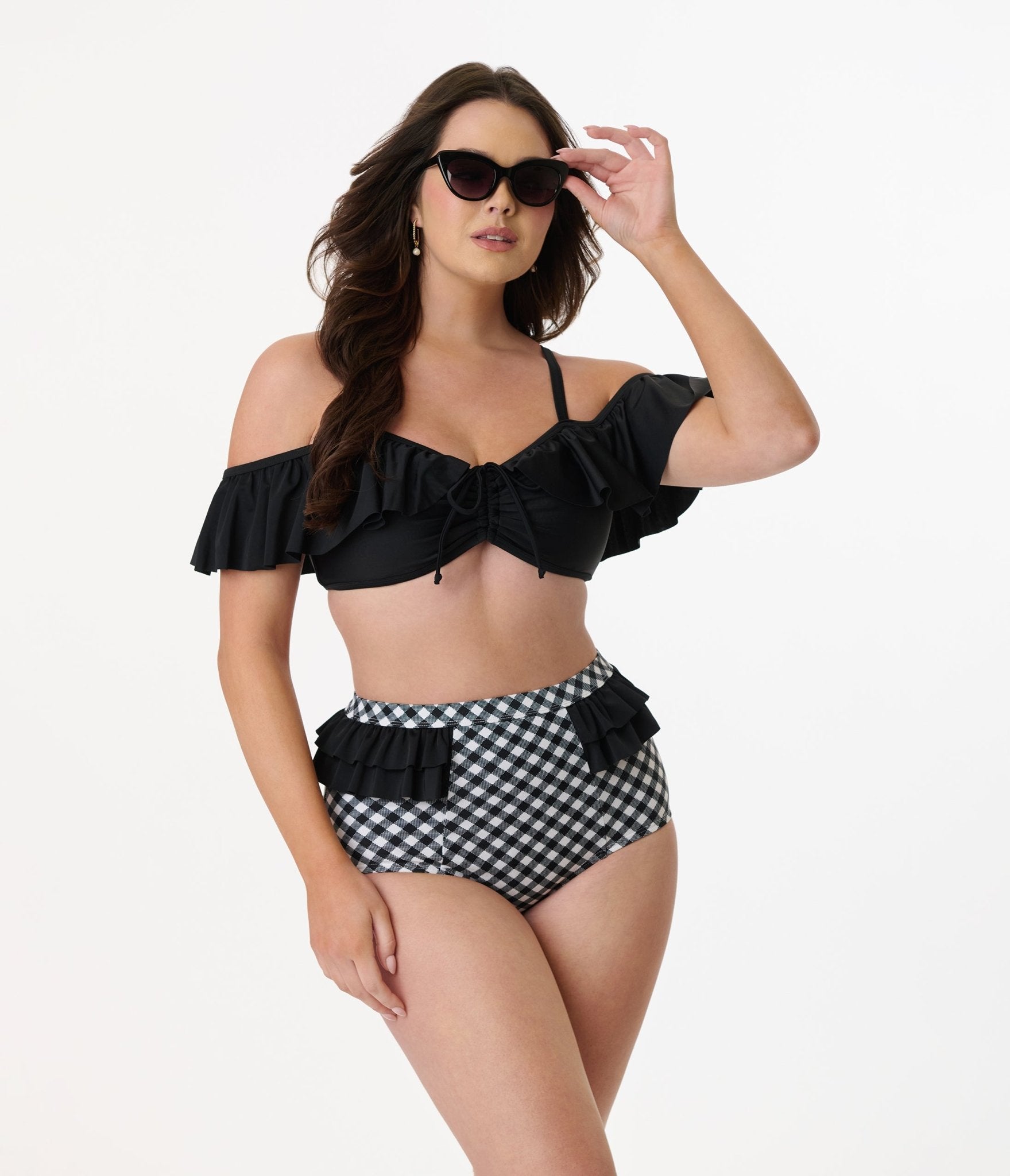 Unique Vintage Black & White Gingham Ruffle Swim Bottom - Unique Vintage - Womens, SWIM, BOTTOM