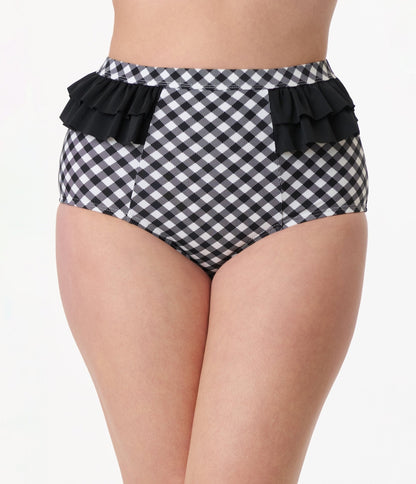 Unique Vintage Black & White Gingham Ruffle Swim Bottom - Unique Vintage - Womens, SWIM, BOTTOM