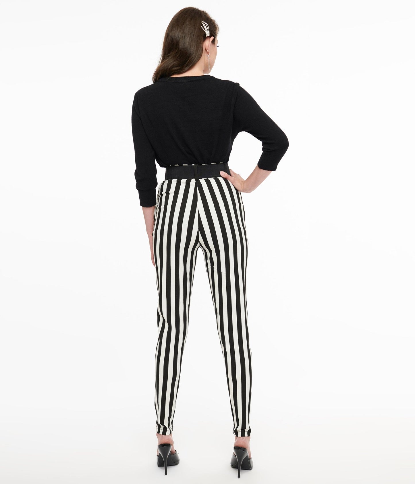 Unique Vintage Black & White Stripe Belted Rizzo Cigarette Pants - Unique Vintage - Womens, BOTTOMS, PANTS