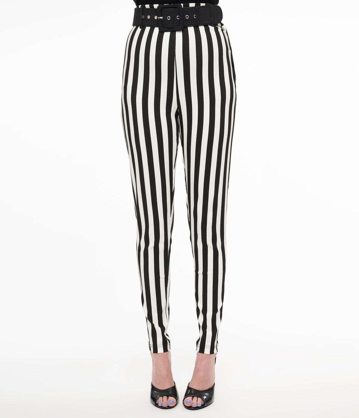 Unique Vintage Black & White Stripe Belted Rizzo Cigarette Pants - Unique Vintage - Womens, BOTTOMS, PANTS