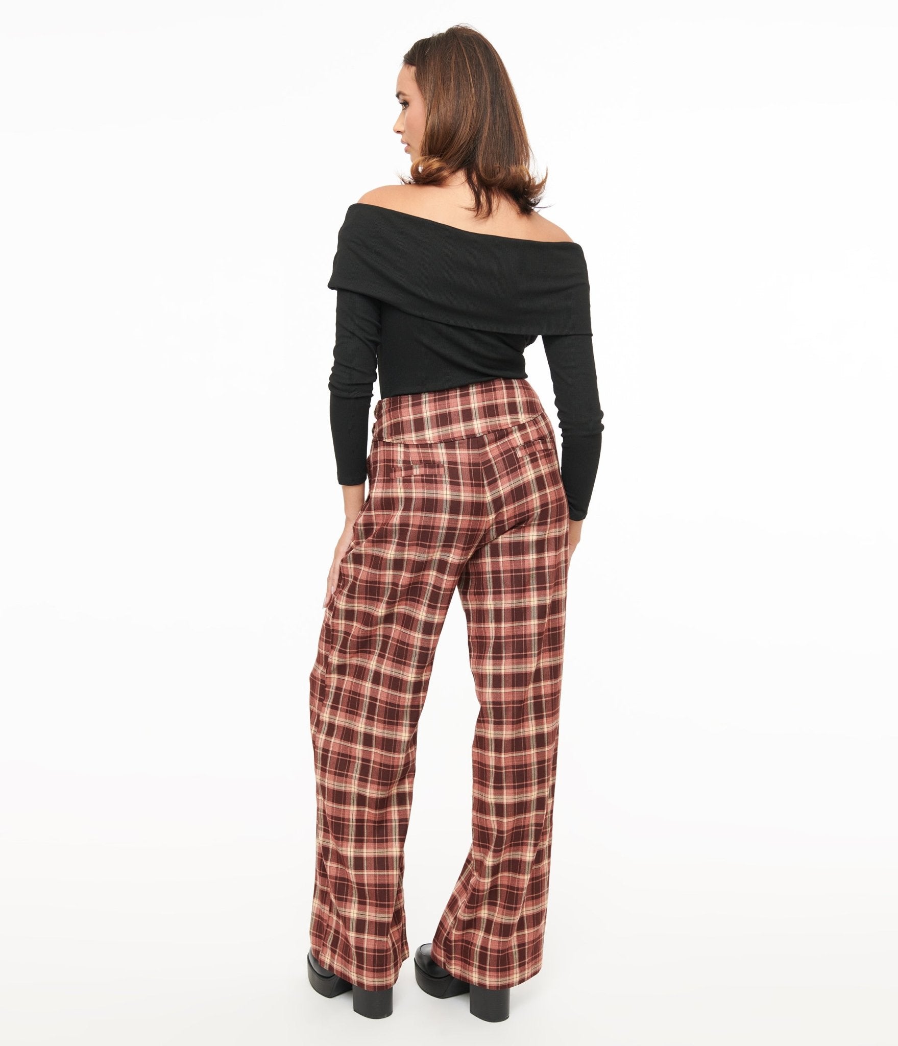 Unique Vintage Burgundy Plaid Double Belt Woven Pants - Unique Vintage - Womens, BOTTOMS, PANTS